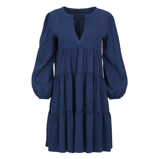Women's Long-Sleeve Navy Tiered Dress - 100% Viscose Poplin Woven