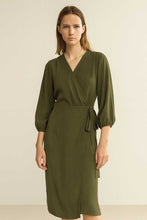 Load image into Gallery viewer, Khaki V-Neck Wrap Dress with 3/4 Sleeves – 100% Tencel Woven