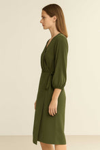 Load image into Gallery viewer, Khaki V-Neck Wrap Dress with 3/4 Sleeves – 100% Tencel Woven
