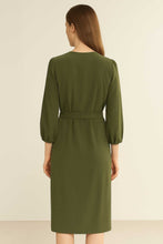 Load image into Gallery viewer, Khaki V-Neck Wrap Dress with 3/4 Sleeves – 100% Tencel Woven