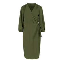 Load image into Gallery viewer, Khaki V-Neck Wrap Dress with 3/4 Sleeves – 100% Tencel Woven