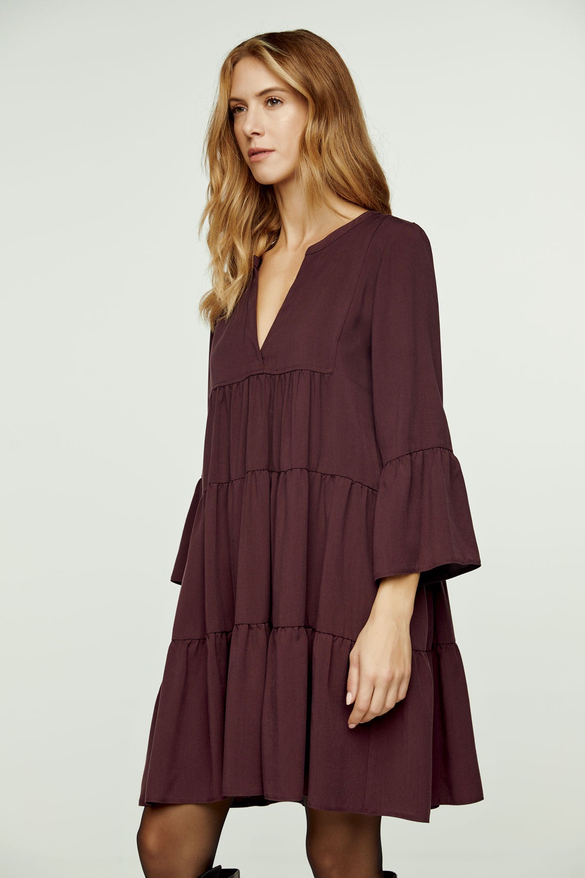 Wine Viscose Gathered Seams Dress