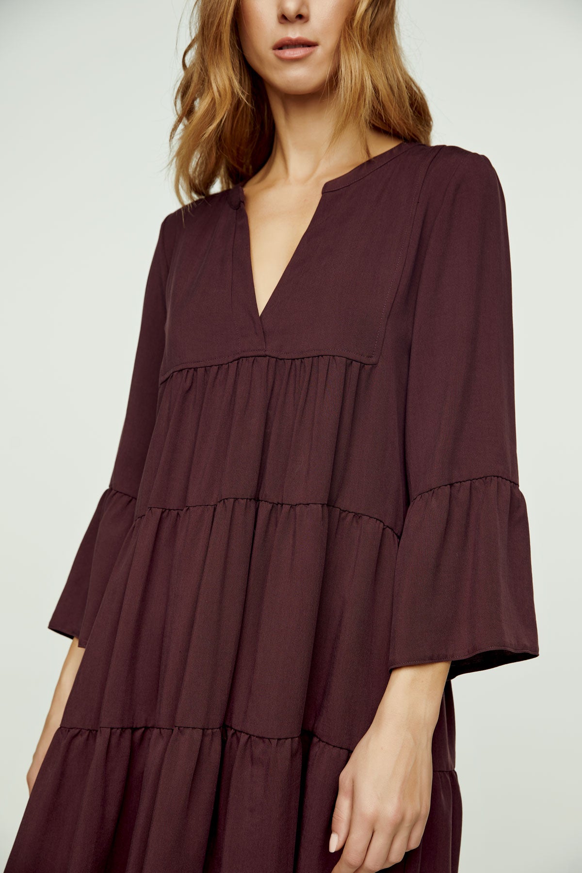 Wine Viscose Gathered Seams Dress