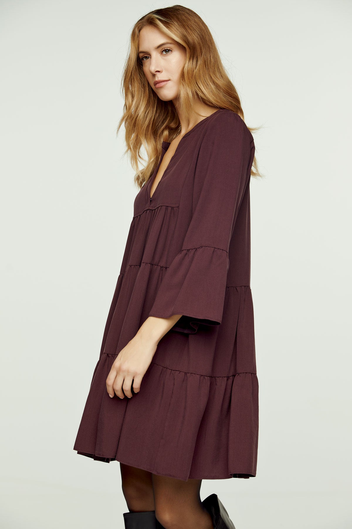 Wine Viscose Gathered Seams Dress