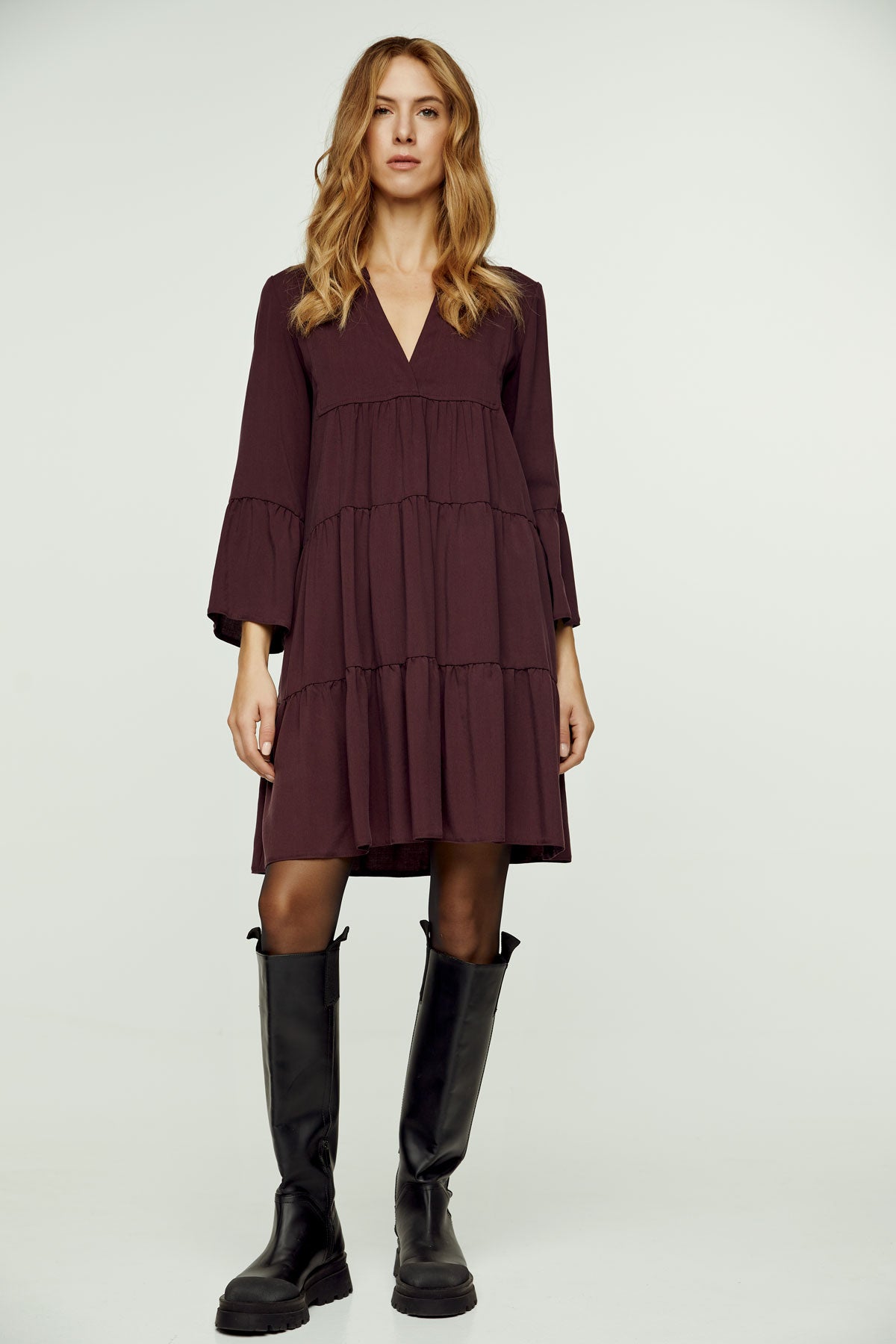 Wine Viscose Gathered Seams Dress