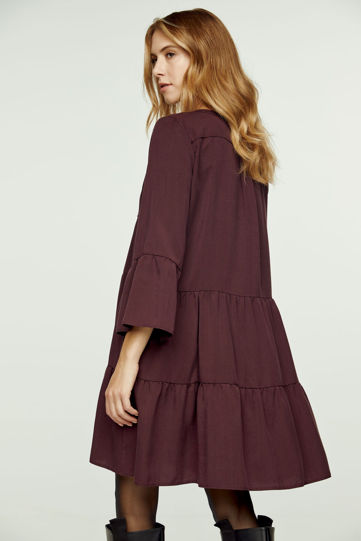 Wine Viscose Gathered Seams Dress