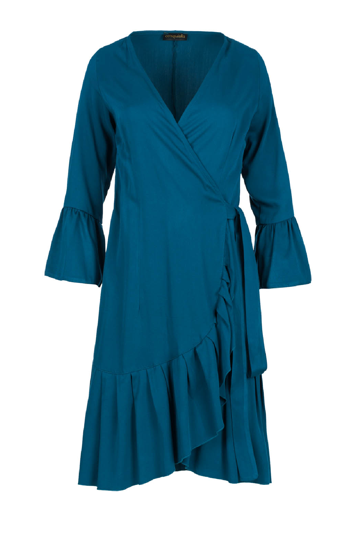 Petrol Wrap Dress Viscose with bell sleeves.