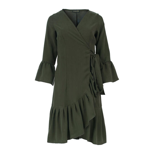 Dark Olive Wrap Dress with Ruffle Detail – Viscose Blend