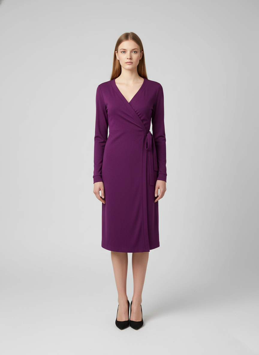 Long-Sleeve Wrap Dress in Deep Plum – Elegant, Flattering, Effortlessly Refined