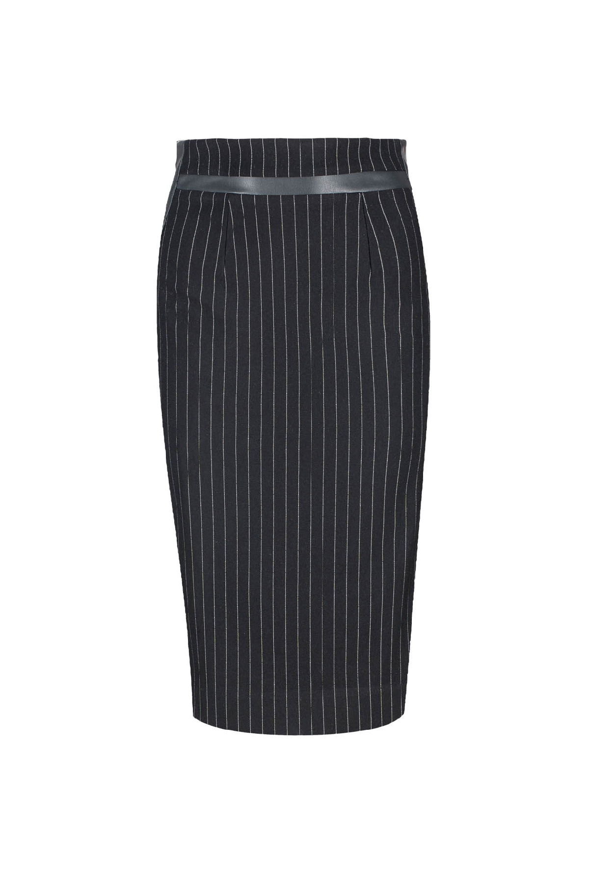 Striped Black Pencil Skirt with Leather Detail