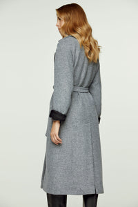 Woven Grey Melange Wool Winter Coat with Shawl Collar and Elegant Belt