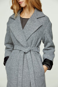 Woven Grey Melange Wool Winter Coat with Shawl Collar and Elegant Belt