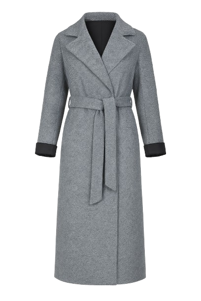Woven Grey Melange Wool Winter Coat with Shawl Collar and Elegant Belt