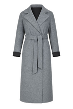 Load image into Gallery viewer, Woven Grey Melange Wool Winter Coat with Shawl Collar and Elegant Belt