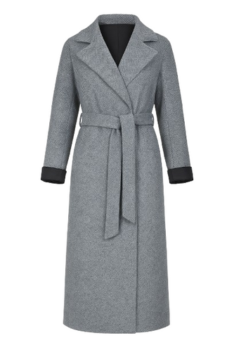 Woven Grey Melange Wool Winter Coat with Shawl Collar and Elegant Belt