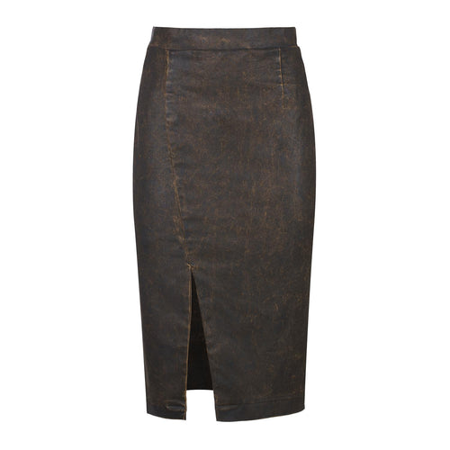 Dark Brown Washed Jean-Effect Midi Skirt – Front Slit, Hidden Zipper