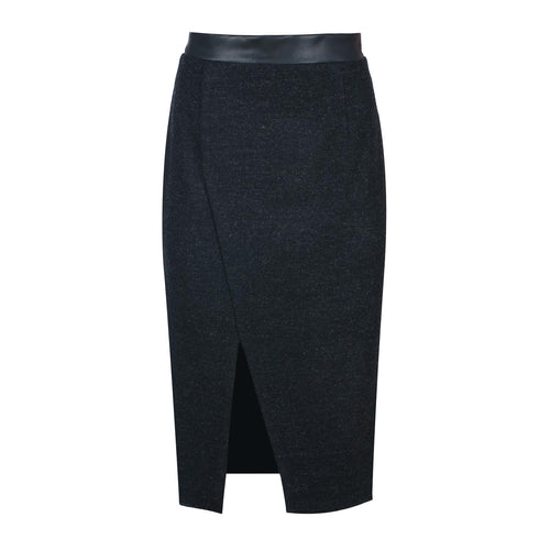 Black Wool Pencil Skirt with Faux Leather Waistband – Front Slit