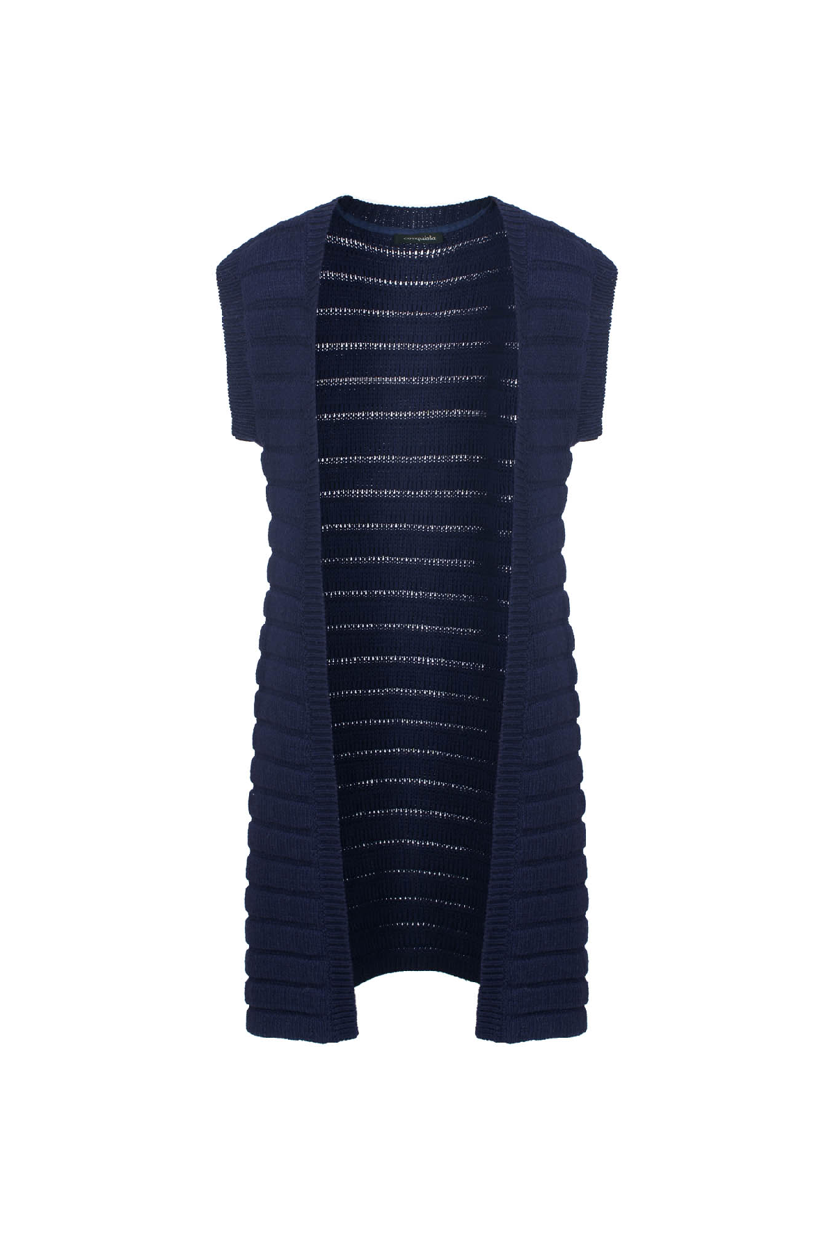 Sleeveless Mid-Length Jacquard Stripe Knit Open Cardigan