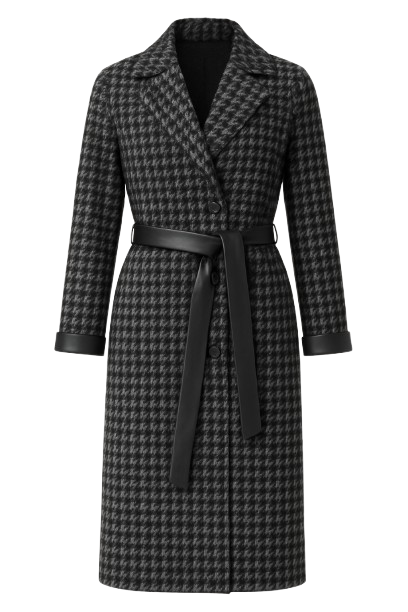 Tailored Houndstooth Coat with Belted Silhouette