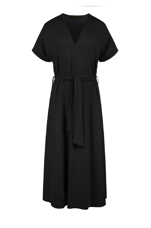 Black Jersey Belted Midi Dress