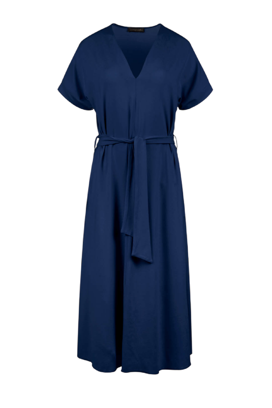 Blue Jersey Belted Midi Dress