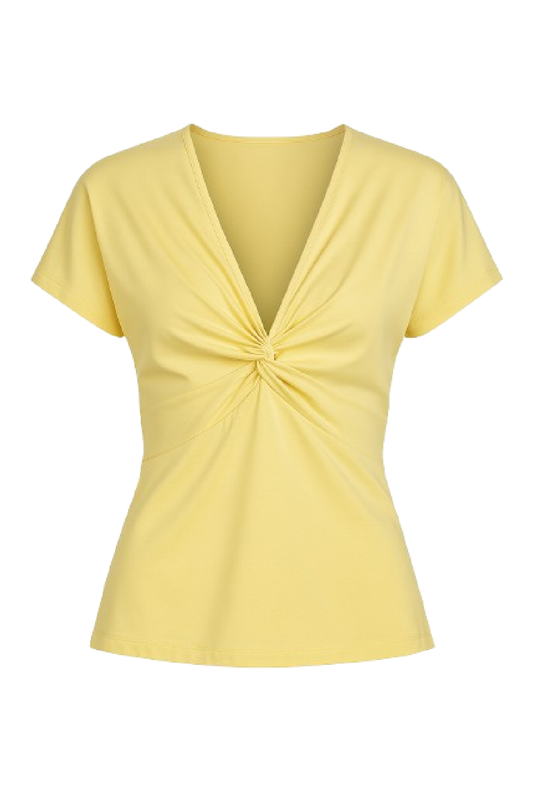 Yellow V-Neck Twist Front Top – Modern Elegance in Soft Cotton Blend