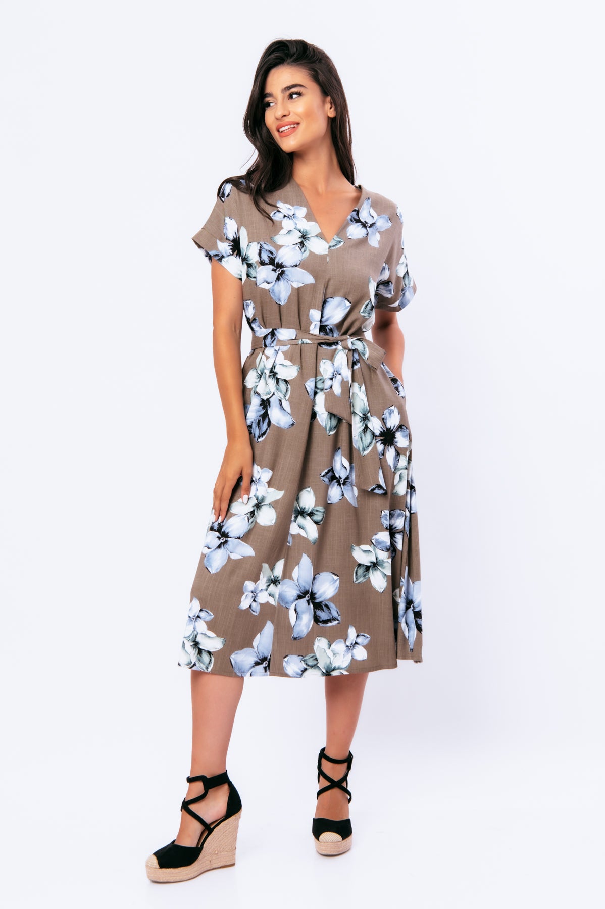 Conquista Φόρεμα Midi Casual V-Λαιμόκοψη Με Ζώνη Floral Μπεζ C221-086-51