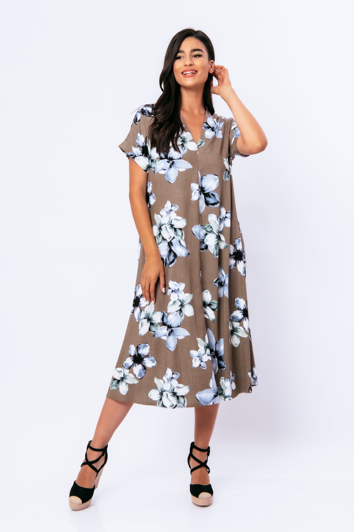 Conquista Φόρεμα Midi Casual V-Λαιμόκοψη Με Ζώνη Floral Μπεζ C221-086-51