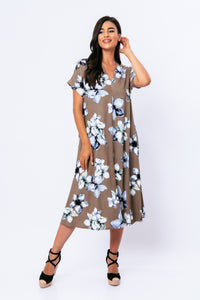 Linen Style Floral Print Midi Dress with Belt