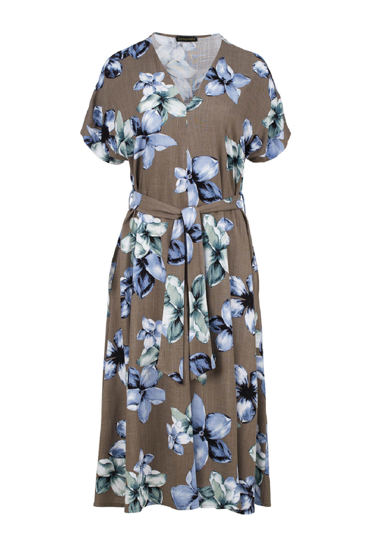 Linen Style Floral Print Midi Dress with Belt