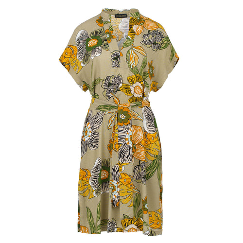 Linen Style Bold Floral Print Dress with Mandarin Collar