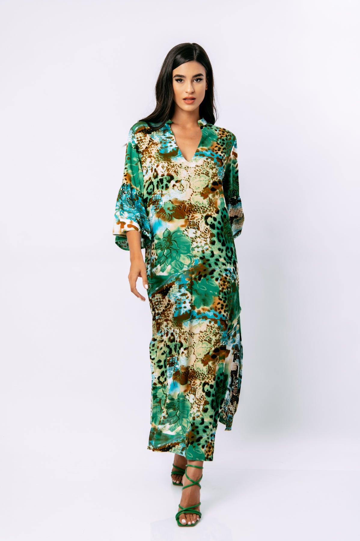 Conquista Φόρεμα Maxi Casual V-Λαιμόκοψη Με Φαρδιά Μανίκια Animal Print Πράσινο C221-088-17