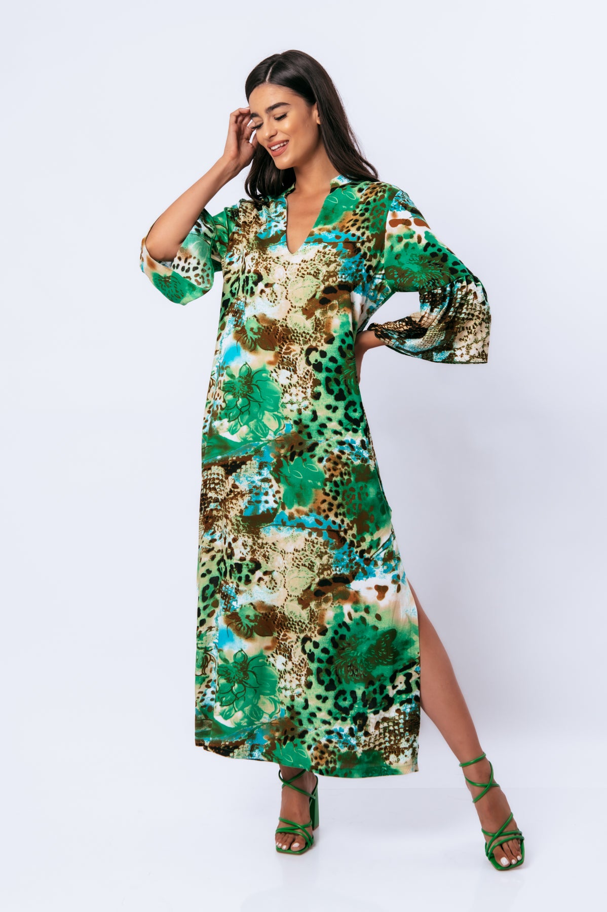 Conquista Φόρεμα Maxi Casual V-Λαιμόκοψη Με Φαρδιά Μανίκια Animal Print Πράσινο C221-088-17