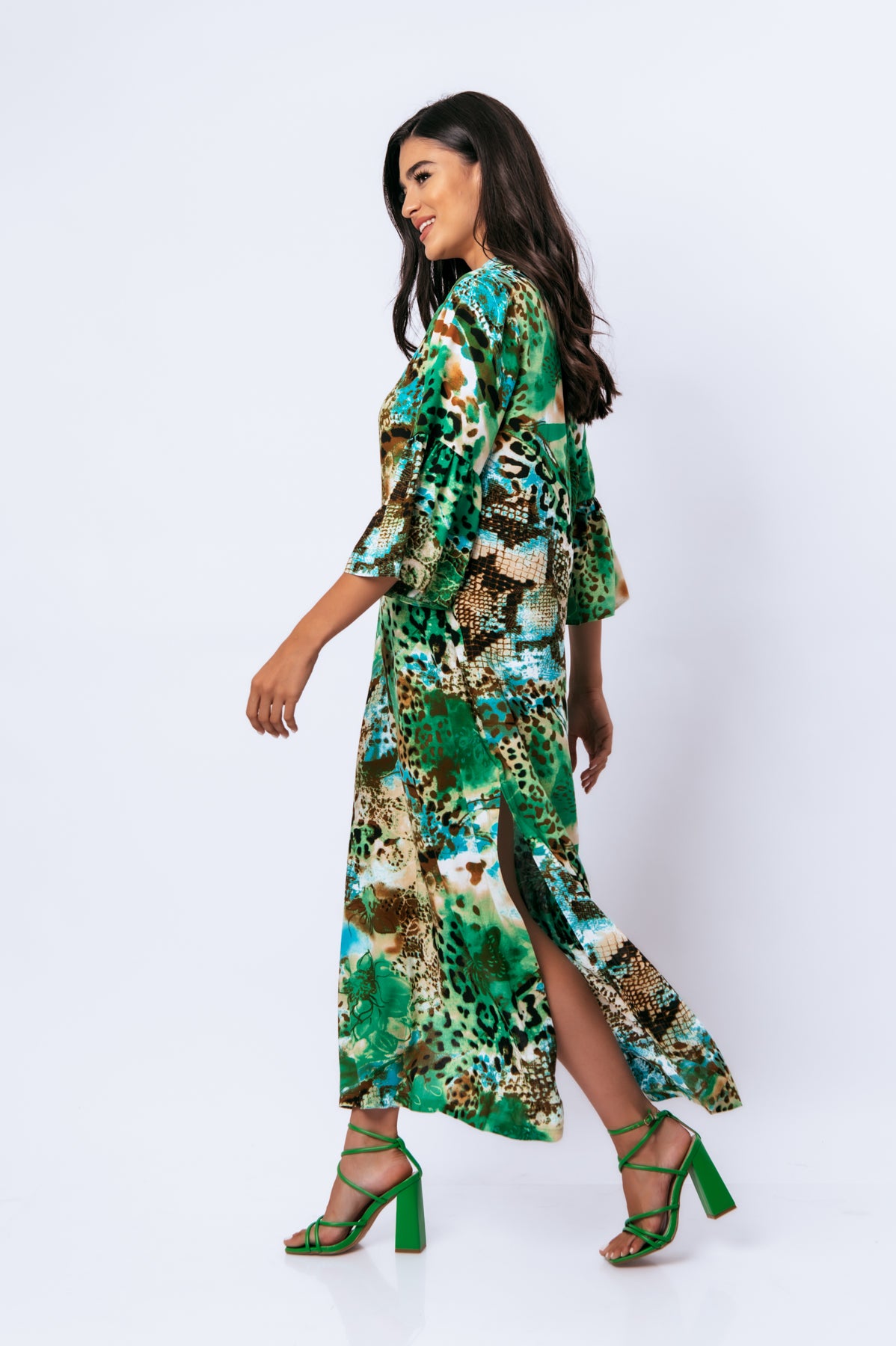 Conquista Φόρεμα Maxi Casual V-Λαιμόκοψη Με Φαρδιά Μανίκια Animal Print Πράσινο C221-088-17
