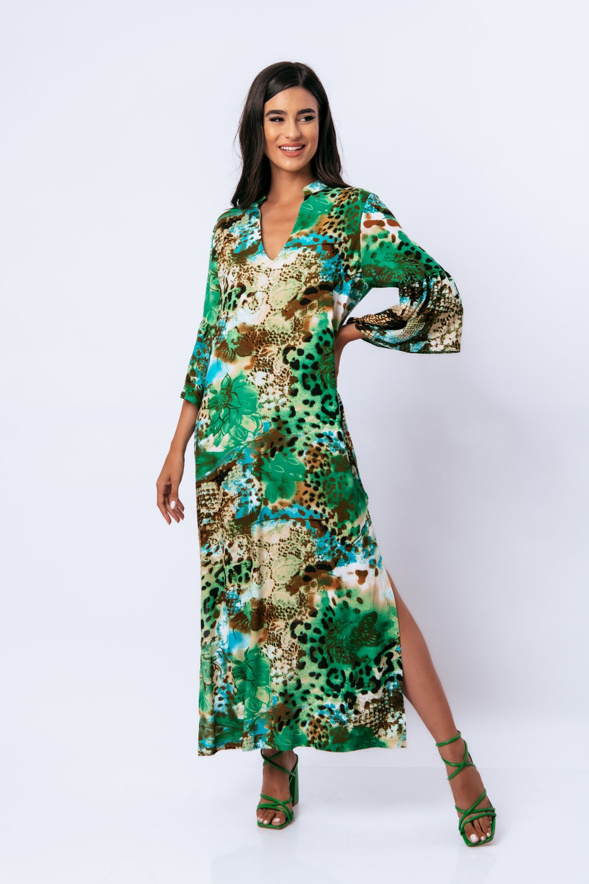 Conquista Φόρεμα Maxi Casual V-Λαιμόκοψη Με Φαρδιά Μανίκια Animal Print Πράσινο C221-088-17