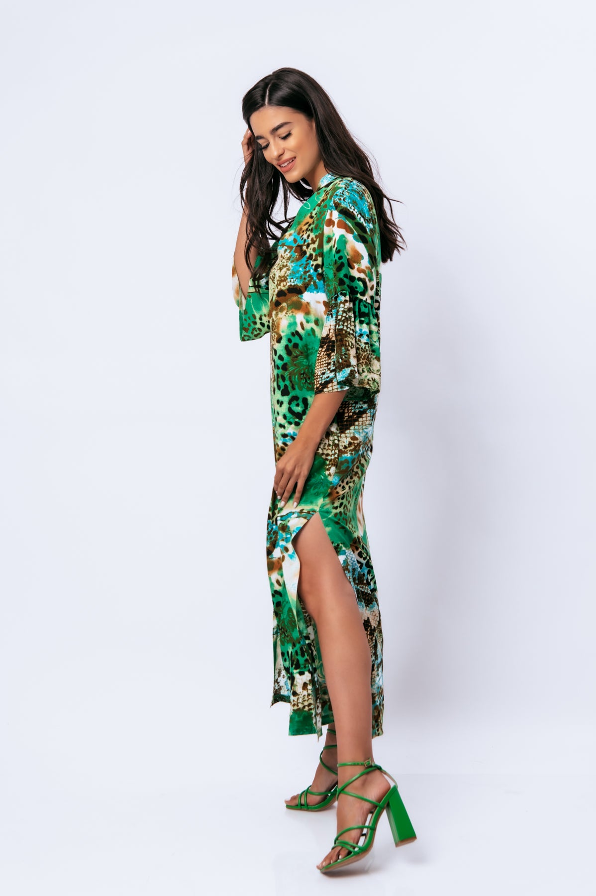 Conquista Φόρεμα Maxi Casual V-Λαιμόκοψη Με Φαρδιά Μανίκια Animal Print Πράσινο C221-088-17