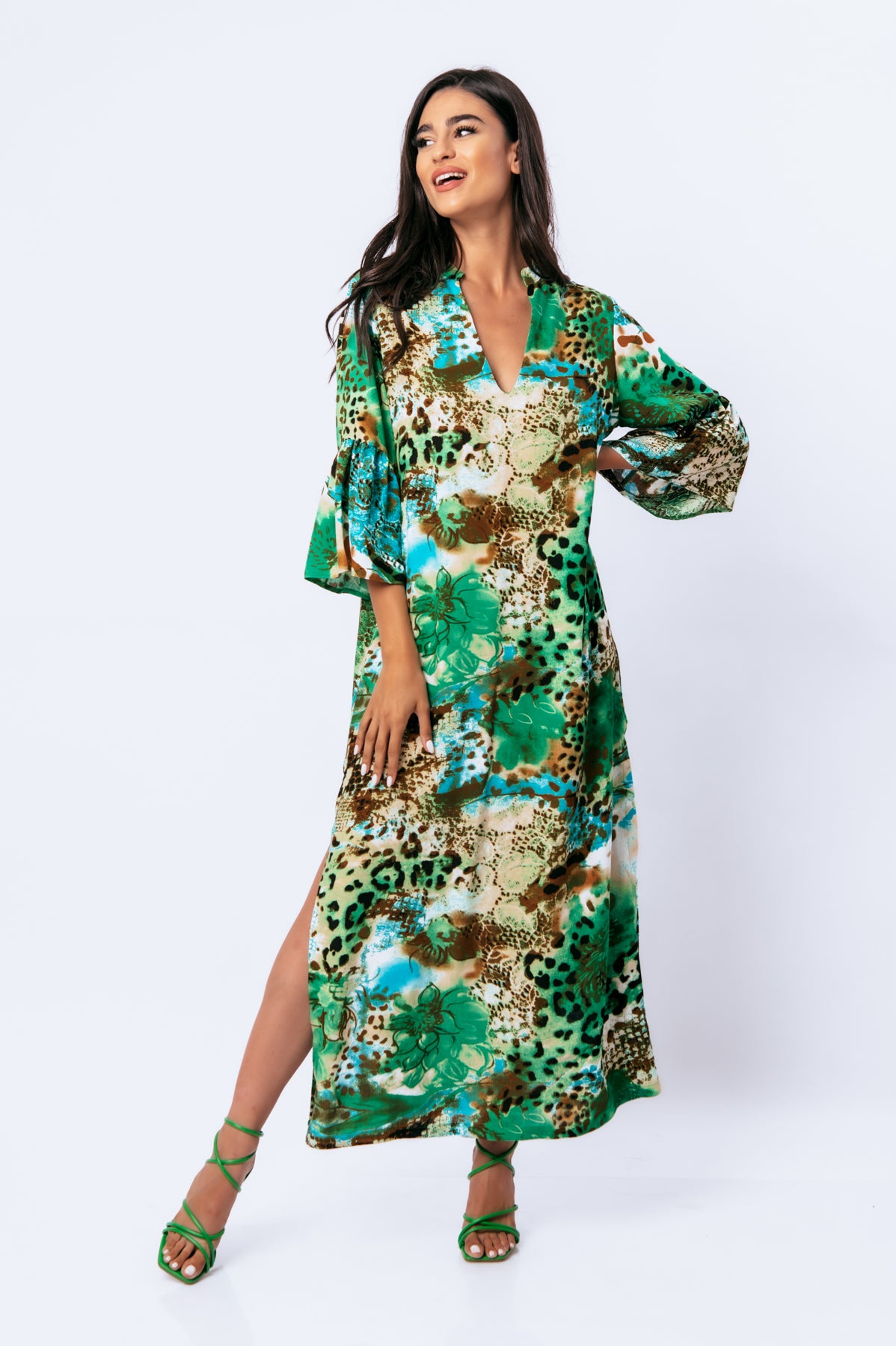 Conquista Φόρεμα Maxi Casual V-Λαιμόκοψη Με Φαρδιά Μανίκια Animal Print Πράσινο C221-088-17