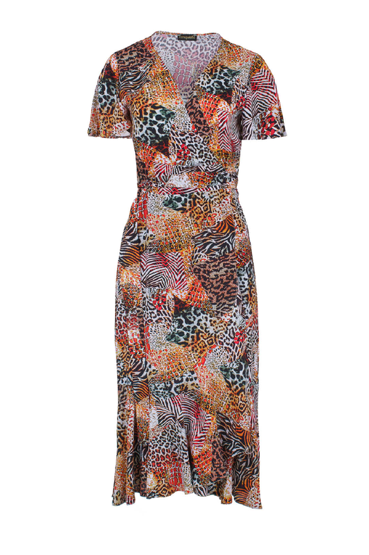 Orange Animal Print Ruffle Detail Wrap Dress