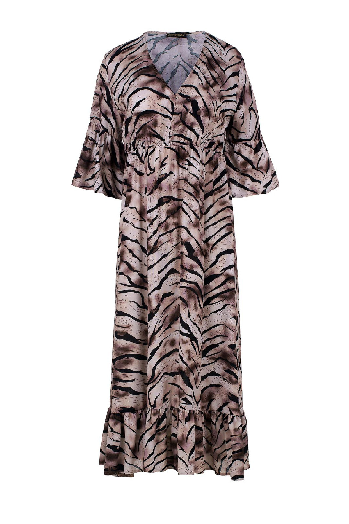 Conquista Φόρεμα Midi Casual V-Λαιμόκοψη Με Βολάν Animal Print Μπεζ C221-095-57