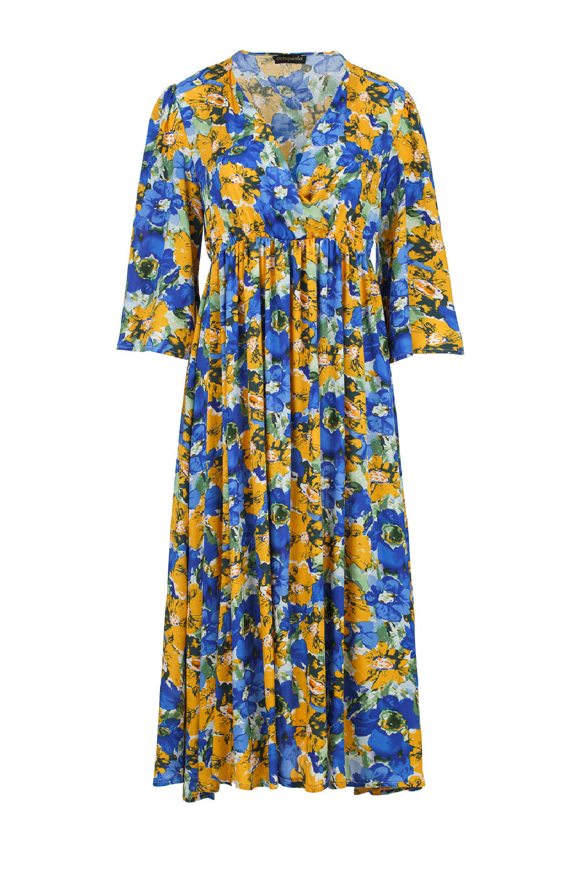 Conquista Φόρεμα Midi Casual Κρουαζέ V-Λαιμόκοψη Με Βολάν Floral Μπλε C221-096-06