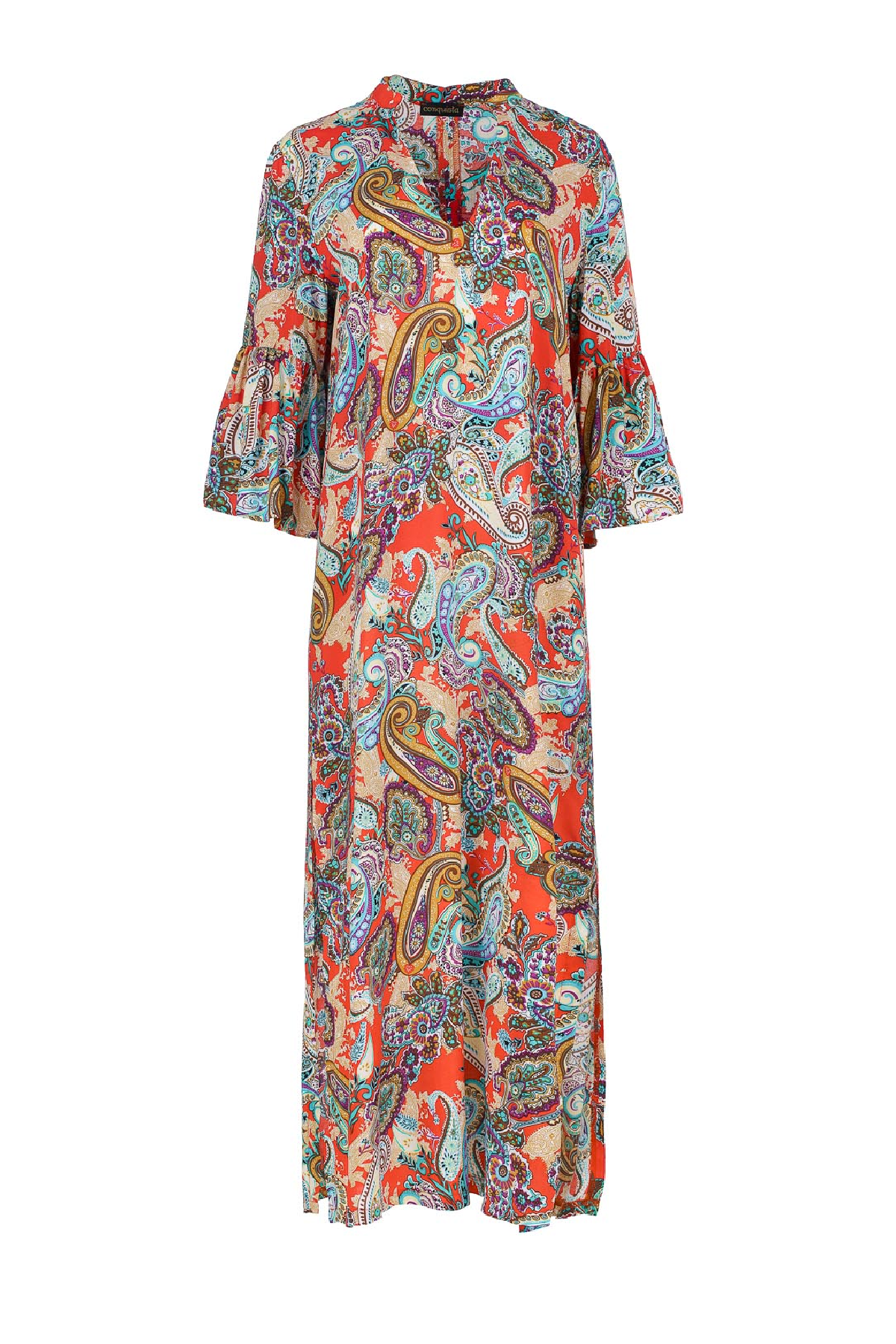 Conquista Φόρεμα Maxi Casual V-Λαιμόκοψη Με Σκίσιμο Εμπριμέ Πορτοκαλί C221-112-81