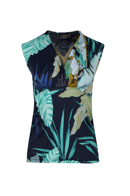 Print Navy V Neck Jersey Top