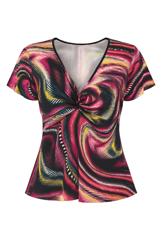 Women's Knot Front Jersey Top with Vibrant Print
