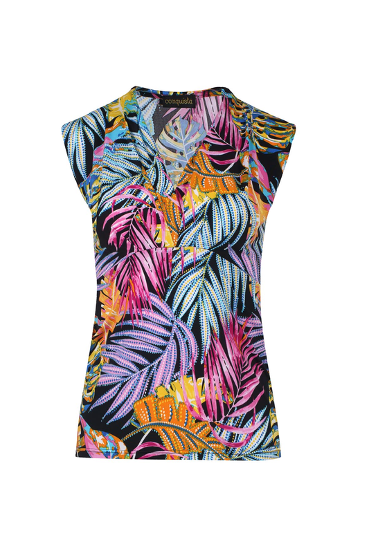 Fuchsia Summer V Neck top in print stretch jersey fabric