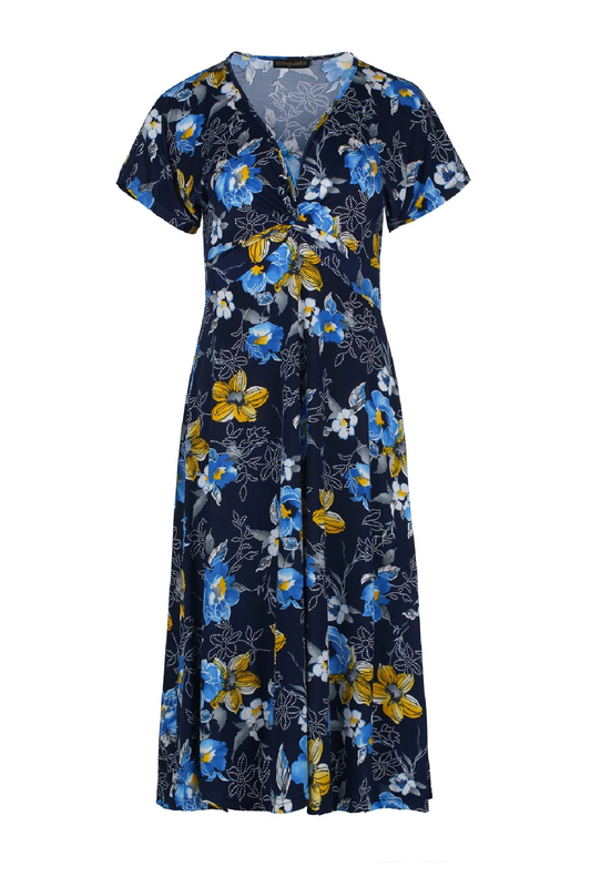 Print Navy Knot Detail Midi Dress