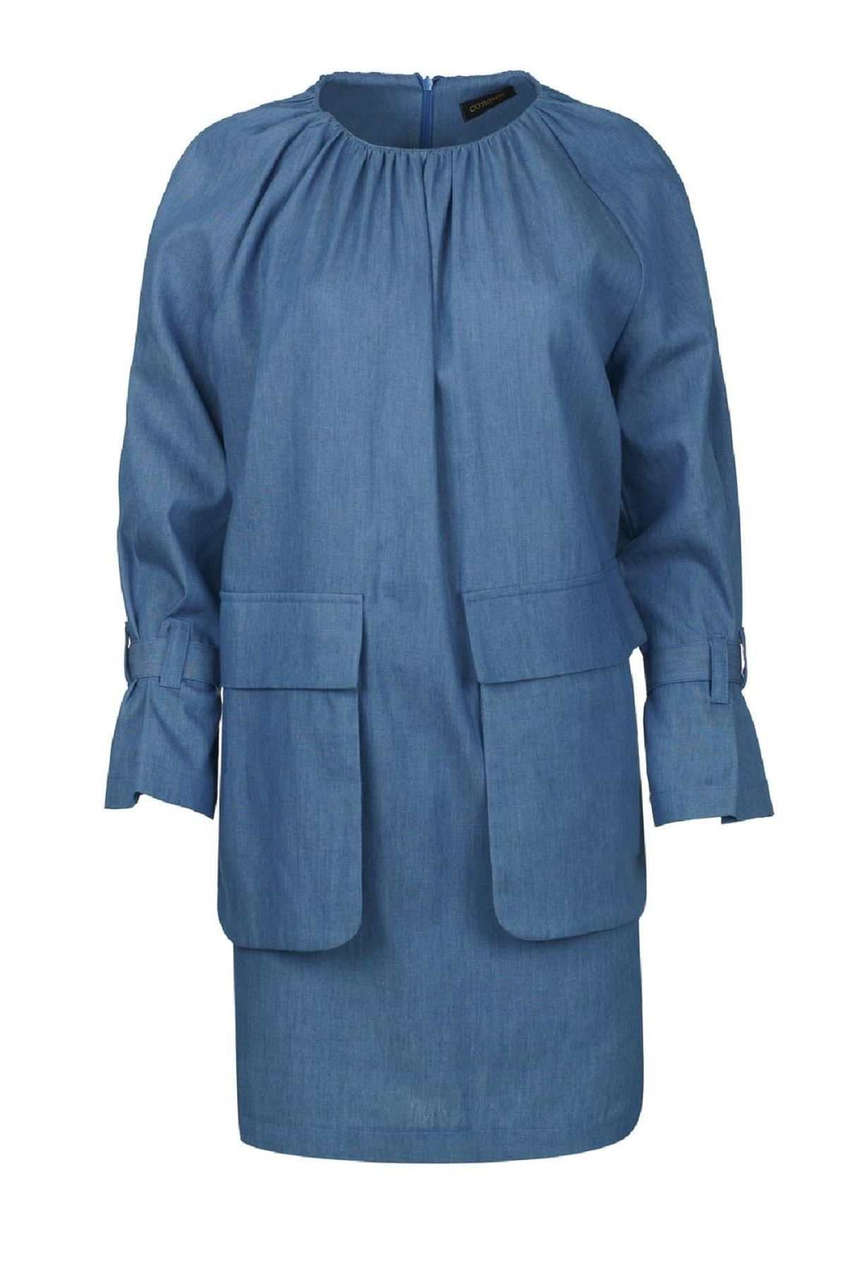 Conquista Φόρεμα Midi Casual Στρογγυλή Λαιμόκοψη Μακρυμάνικο Με Τσέπες Άνετη Γραμμή Μονόχρωμο Denim C221-340-60