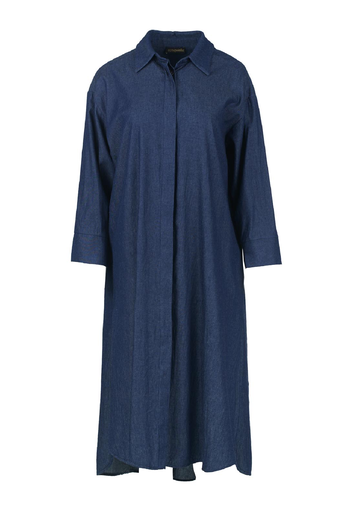 Conquista Φόρεμα Midi Casual Με Κουμπιά Γιακάς Μακρυμάνικο Με Σκίσιμο Άνετη Γραμμή Μονόχρωμο Σκούρο Denim C221-342-18