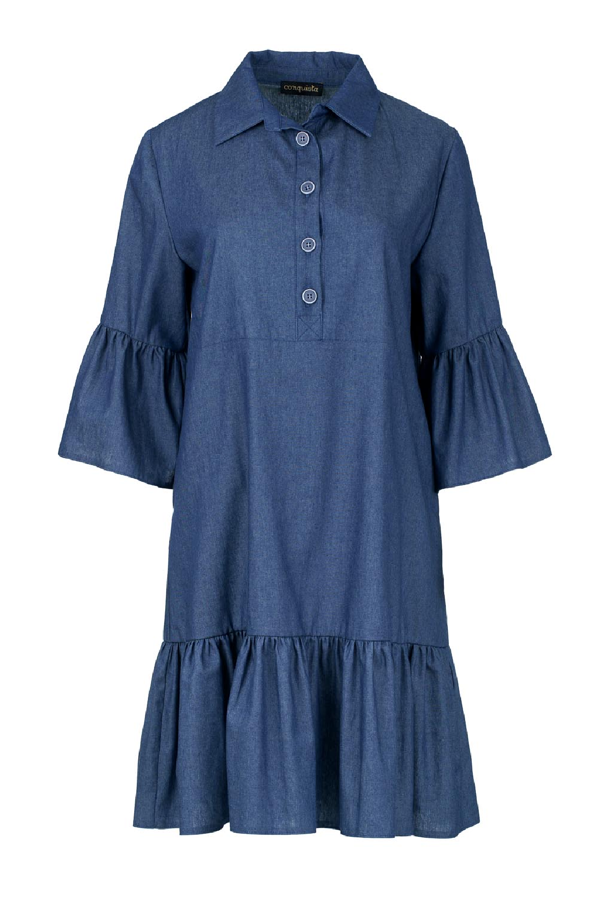 Denim Bell Sleeve Dress with Ruffle Hem