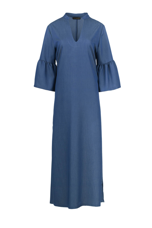 Denim Style Kaftan with Ruffle Detail in Viscose-Satin Fabric