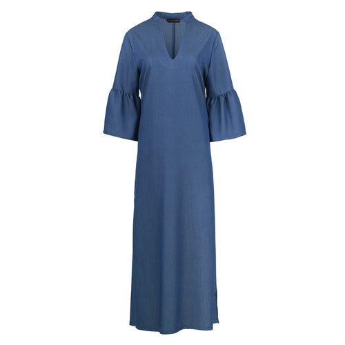 Denim Style Kaftan with Ruffle Detail in Viscose-Satin Fabric